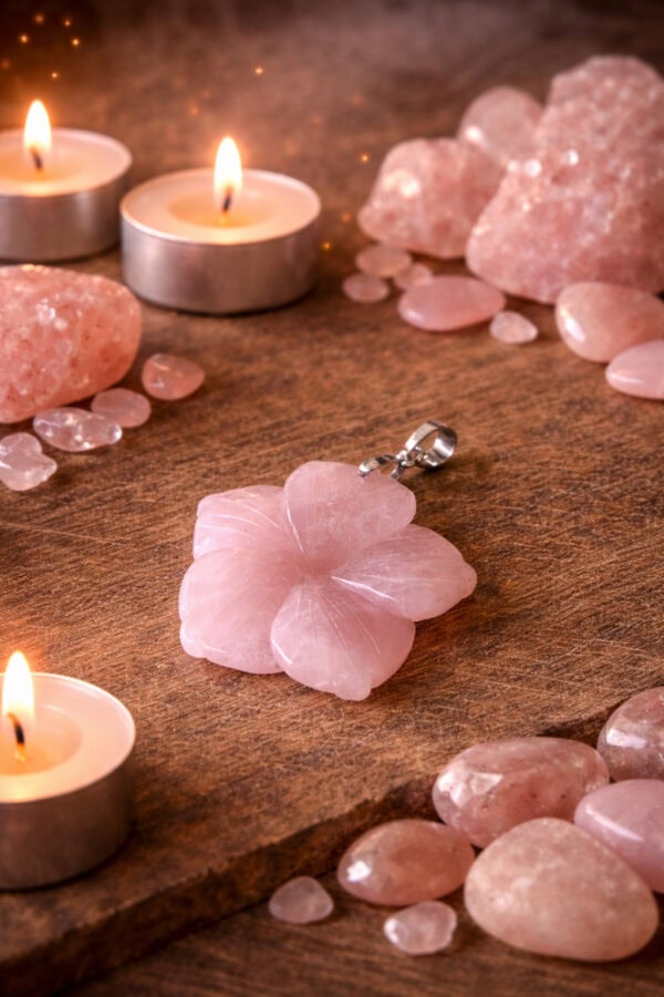 pendentif fleur hibiscus quartz rose