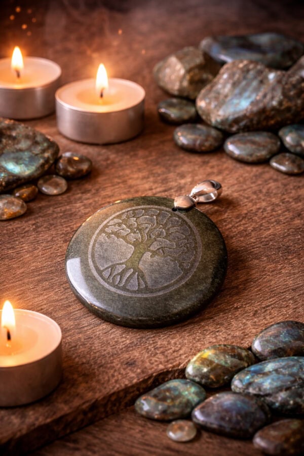 pendentif arbre de vie gravé obsidienne dorée