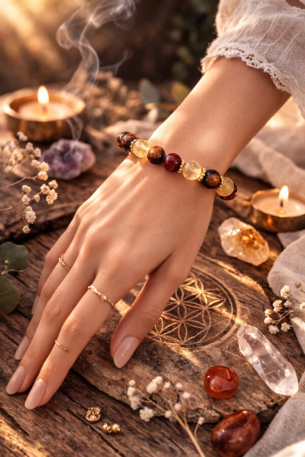 bracelet citrine , œil de tigre et agate 8 mm