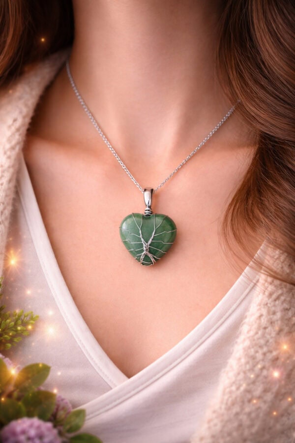 pendentif coeur aventurine verte arbre de vie