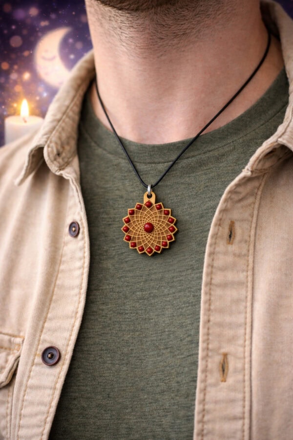 pendentif soleil de vie en bois et jaspe rouge pendentif soleil de vie en bois et jaspe rouge