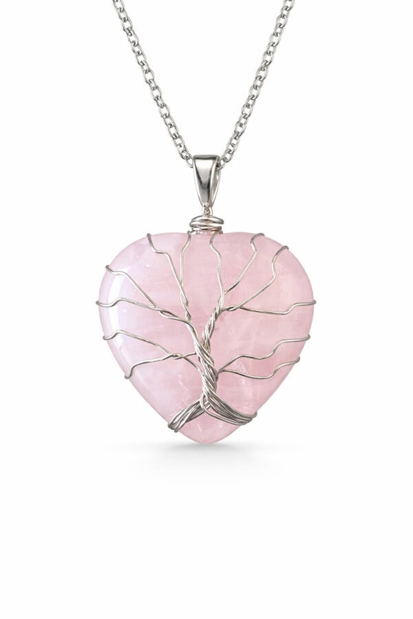 collier coeur quartz rose arbre de vie