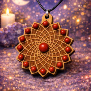 pendentif soleil de vie en bois et jaspe rouge