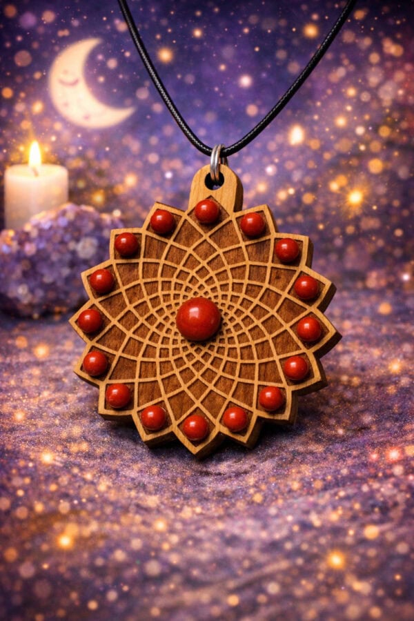 pendentif soleil de vie en bois et jaspe rouge pendentif soleil de vie en bois et jaspe rouge