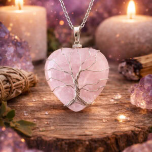 collier coeur quartz rose arbre de vie