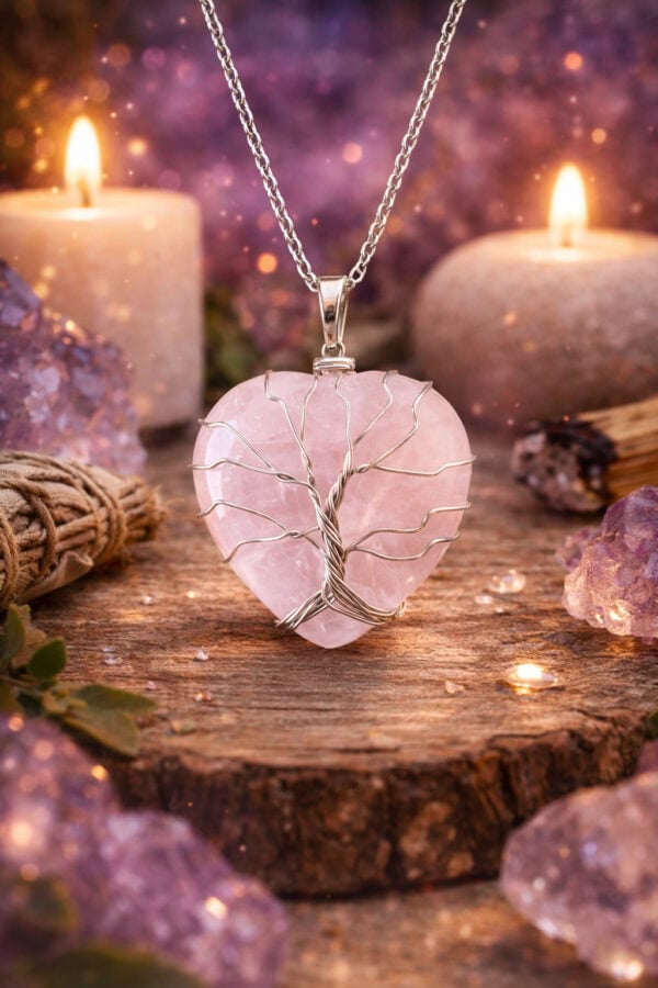 collier coeur quartz rose arbre de vie