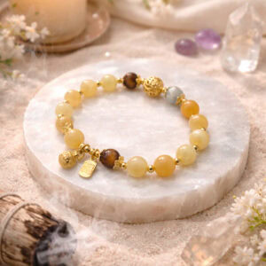 bracelet calcite jaune, Œil de tigre et pierre de lune – abondance & protection