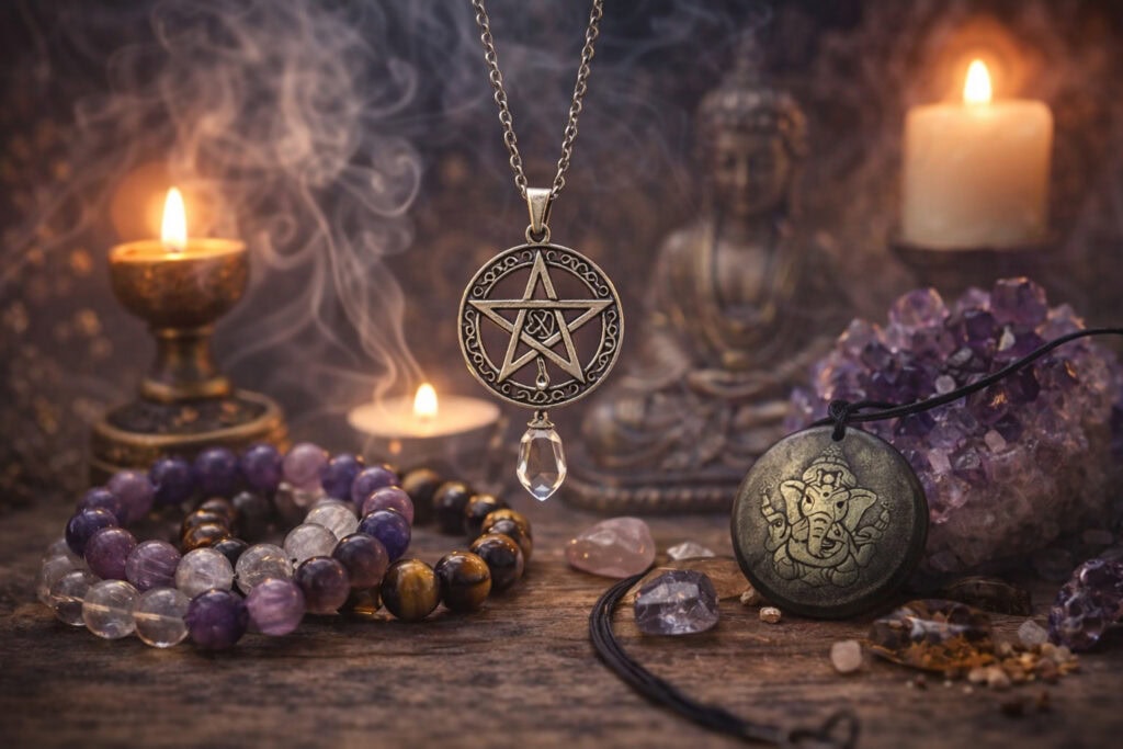 Bracelets en pierres naturelles, pendentif et talisman Ganesh dans une ambiance spirituelle avec cristaux et bougies